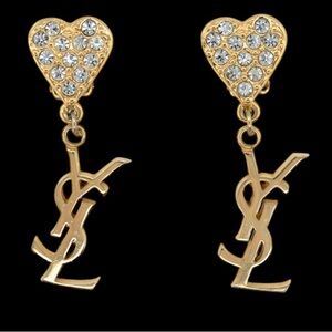 Yves Saint Laurent Vintage YSL Gold Plated Heart Drop Logo Earrings